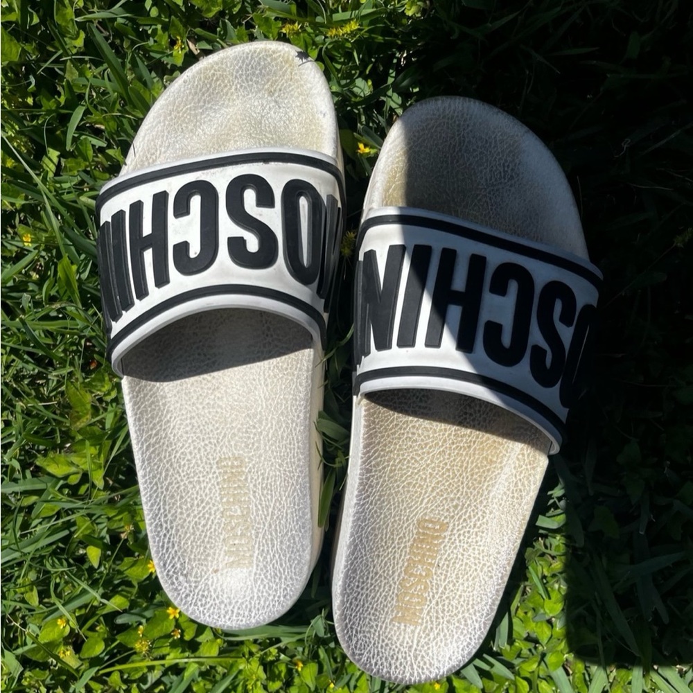 Moschino White and Black Slide Sandals